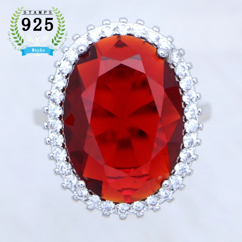 925 Sterling Silver Ring Oval Red Ruby Cubic Zirconia Large Main Stone White Crystal Ring for Women Free Gift Box Size 5.5 To 10 silver ring