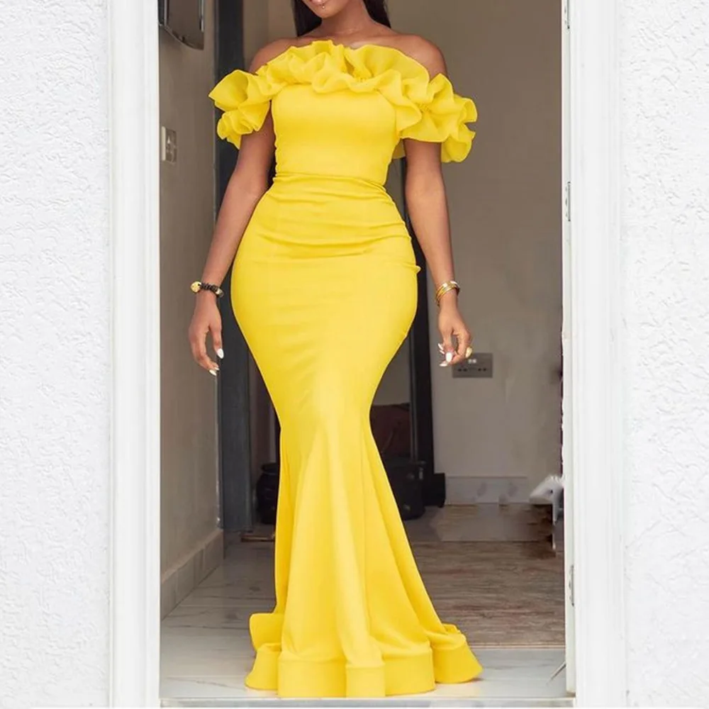 Plus Size Sexy Evening Party Dress Women Brand Designer Summer 2021 Off Shoulder Ruffle Yellow Long Bodycon Dresses Floor-length |