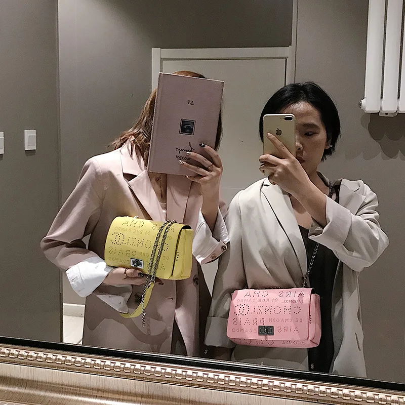 

2019 New Style Candy-Colored Hollow out Small Hole Lettered Pillow Lock Shoulder WOMEN'S Bag