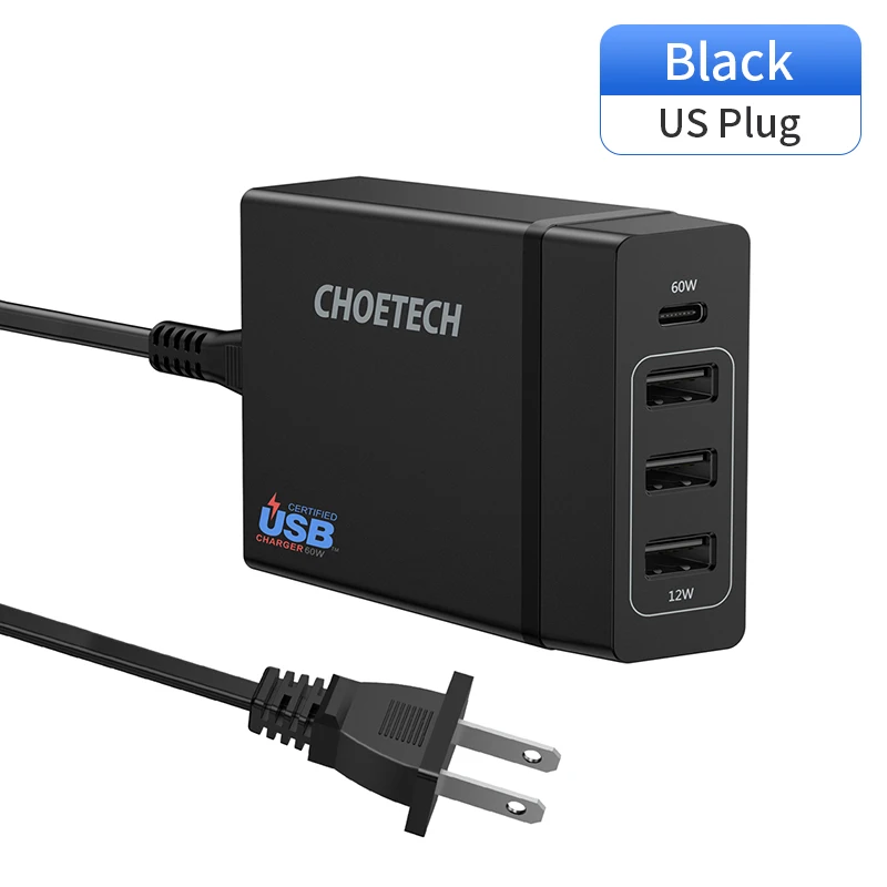 US CHOETECH Мульти Usb зарядное устройство USB C 72 Вт 4 порта usb type C PD зарядное устройство станция type-C для MacBook Pro iPad Pro iPhone XS MAX huawei - Тип штекера: US