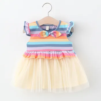 

baby girl dress Toddler Baby Kids Girls Ruched Bow Rainbow Striped Tulle Princess Dress Clothes 2020 summer baby girl clothes