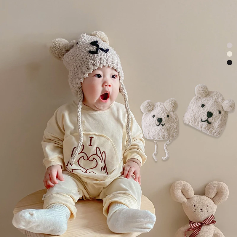 

Korean Knitted Cartoon Hat For Baby Boy Girls Winter Warm Kids Beanie Adult Children Parent-Child Hats Newborn Baby Earmuffs Cap