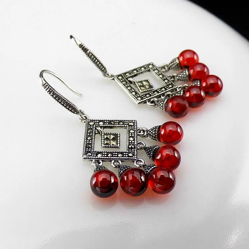 FNJ 925 серебряные серьги Новая мода Красный Циркон марказит S925 серебро кисточкой Висячие серьги для женщин ювелирные изделия