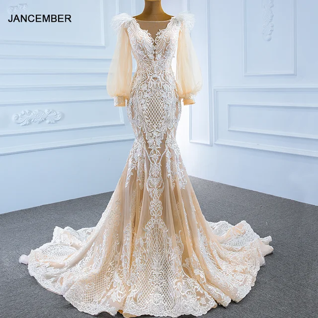 J67209 Jancember New Mermaid Wedding Dress 2020 Custom Design Dress Pearls V-Neck Long Lantern Sleeve Applique 1