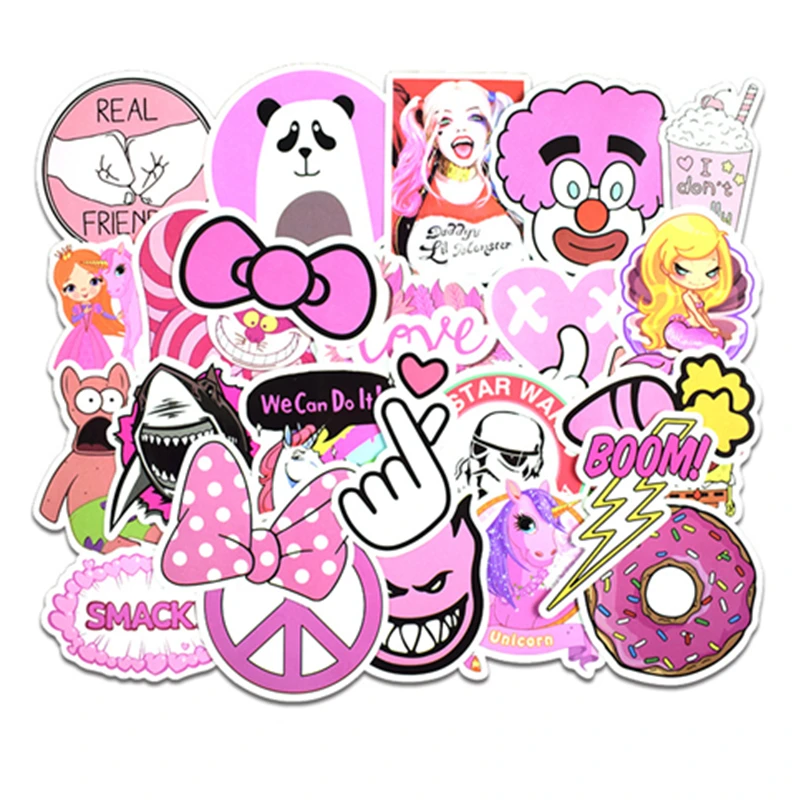 

50 pcs/pack PVC Waterproof Pink Girls Fun Sticker Toys Luggage Stickers for Moto Car & Suitcase Cool Fashion Laptop Stickers