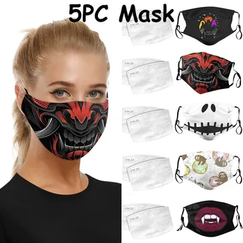 

5PCS funny printing Masks Women Outdoor Face Washable Breathable Dustproof Reusable Mask With 10PCS replaceable Filters
