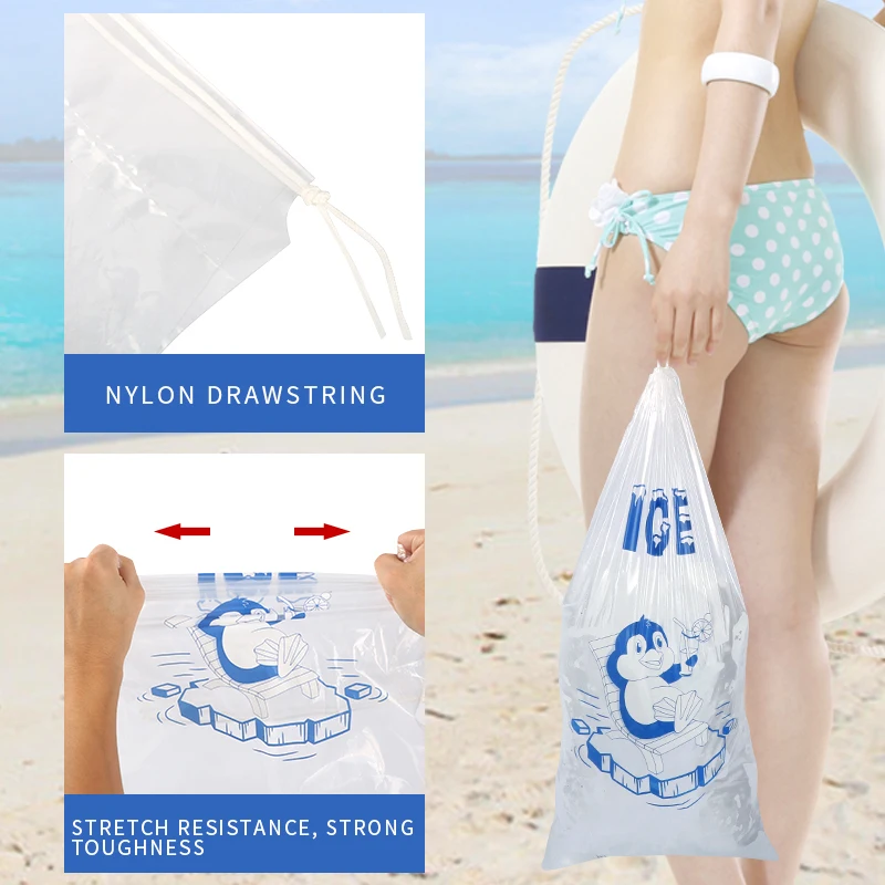 10LBS Drawstring Ice Bag Puncture Resistant Disposable Recyclable Freezer Pouch 4.5KG