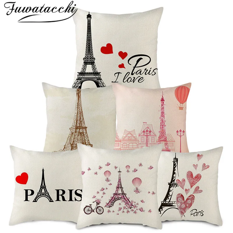 

Fuwatacchi Eiffel Tower In Paris Pillow Cover Landscape Chshion Cover Printed Linen Pillowcase for Home Sofa and Car Decorative