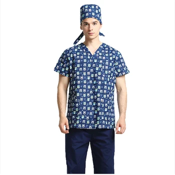 

Medical uniform men's hospital medical shirt Cotton Print Short Sleeve Operating Room Doctors Nurses Scrub Workwear suit and cap