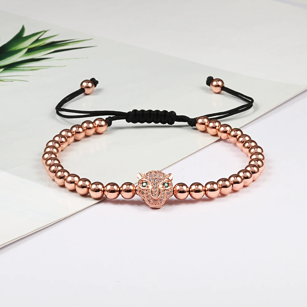 Adjustable Gold Color Micro Pave Bracelets Crystal Copper Ball Beads Leopard head Bracelet Handmade Weave Macrame Male Jewelry