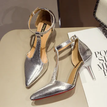 

2020 Summer Women Sandals T Strap Hig Heels Woman Dress Shoes Sexy Serpentine Pumps Silver Wedding Shoes sandalias mujer 8024N
