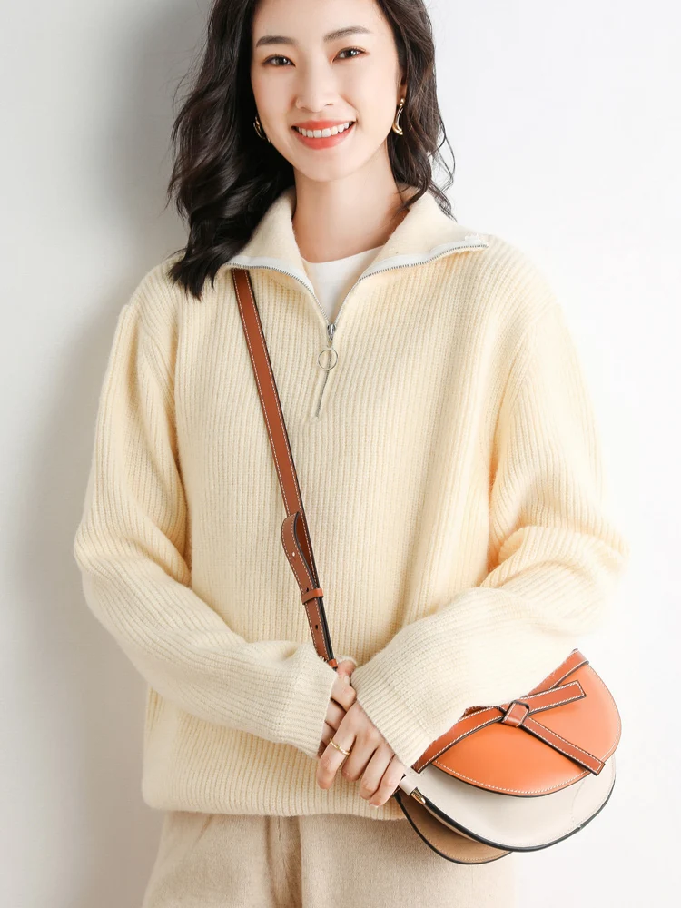 

Thickened Stand-Collar Pullover Sweater Autumn and Winter Trendy Loose and Thin Lazy Zipper Knitted Fashion Jacket 6B201