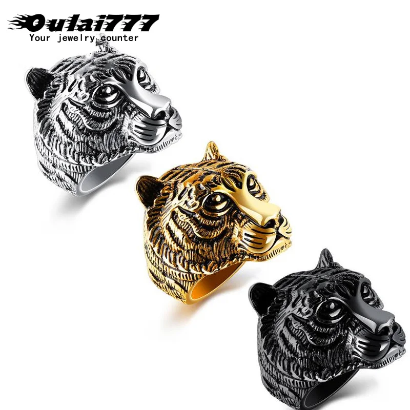

oulai777 fashion rings silve black gold Gothic Punk For Men Retro Male dainty Ring Stainless Steel accessories Tiger