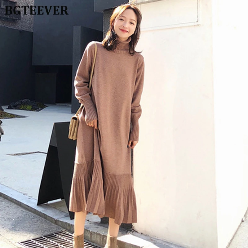 Skup Eleganckie luźne kobiet sweter sukienka 2019 jesień zima sukienka kobiet linii Ruffles dzianiny sukienka Femm luźny pulower Vestidos