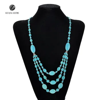 

Fashion Beaded Green stone long Necklace For Women Handmade green color Chain Collar Beads Pendant Necklace Bohemia Collier