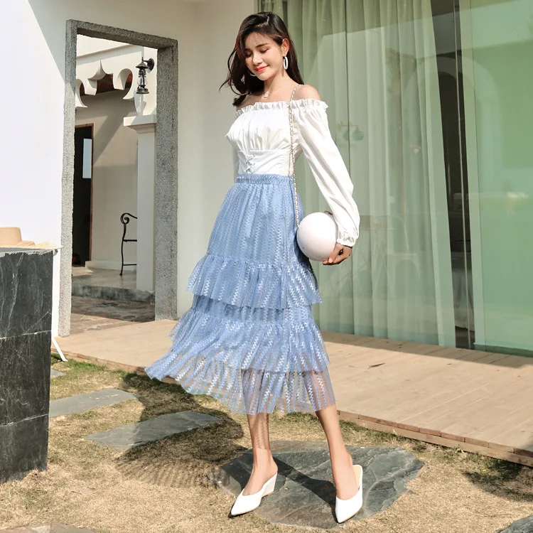 

2019 Spring And Summer Korean-style Spring And Summer Season WOMEN'S Dress New Style Thin Gauze with Holes Cake Dress Skirt