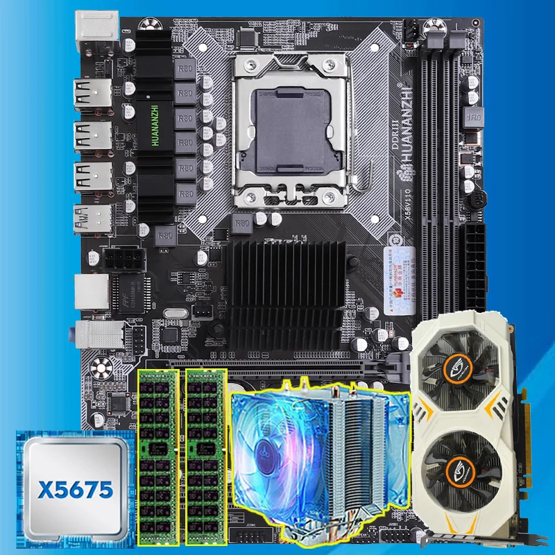 Best Price Good HUANAN ZHI X58 motherboard with CPU Intel Xeon X5675 3.06GHz with cooler GPU GTX750Ti 2G video card (2*4G)8G REG ECC memory