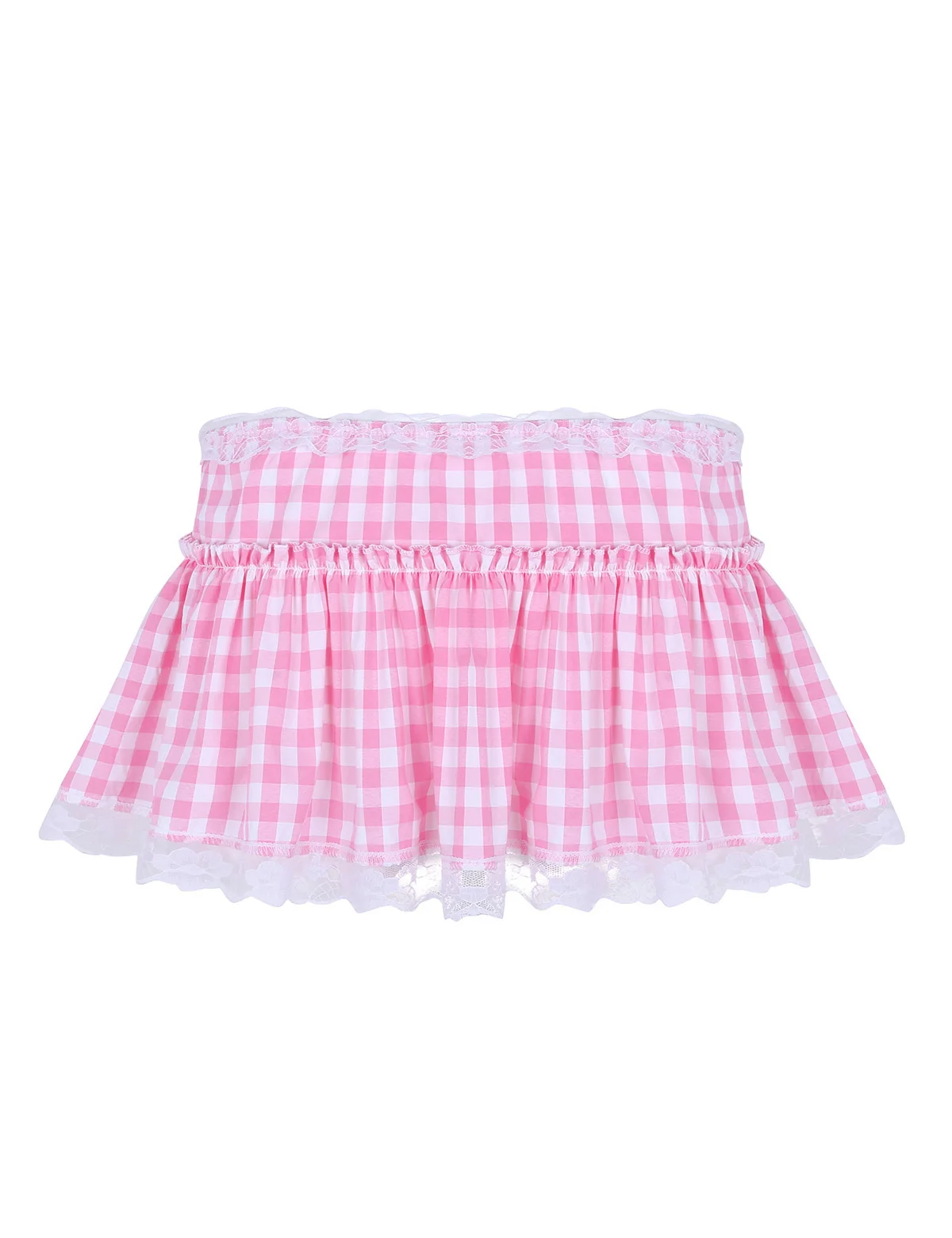 

Women School Girls Gleeing Skirt Short Gingham A-Line Mini Skirt with Lace Hem Pleated Miniskirt Sissy Mens Cosplay Skirt Dress