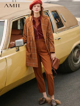 

Amii Fashion Plaid Woolen Coat Autumn Women Solid Loose Lapel Female Mid Long Jackets Overcoat 11970514