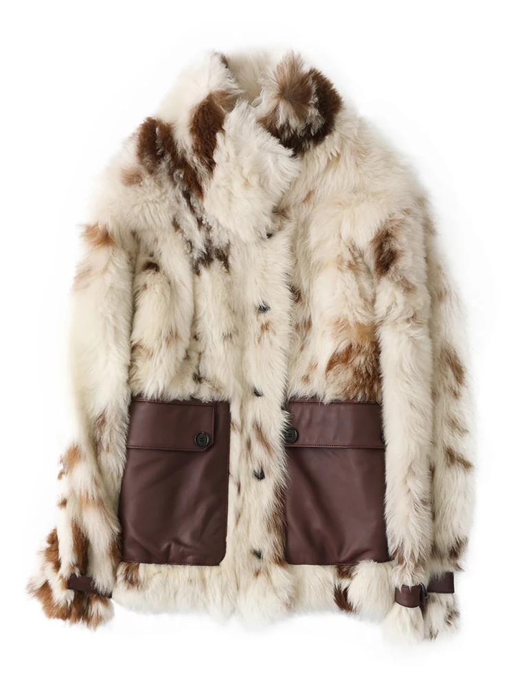 Maylofuer Real Tuscany wool fur jacket women oversize fur coats with genuine sheepskin leather pocket stand collar Cow color