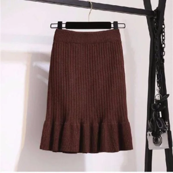 brown 60cm Вязанная юбка-Русалка для офисной леди, Женская юбка миди, черная, высокая талия, одноцветная, с оборками, вечерние, для женщин, s, юбки,, Весенняя женская юбка - Цвет: brown 60cm