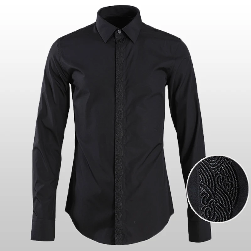 

Cotton Luxury Placket Embroidery Long Sleeve Mens Dress Plus Size 4xl Solid Color Slim Fit Man Shirts