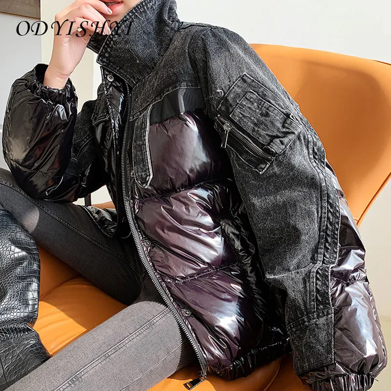 Thick Winter Women's Short Puffer Jacket New Fashion Warm Outwear Black Denim Stitching White Duck Down Coat Female Parka DH400 | Женская