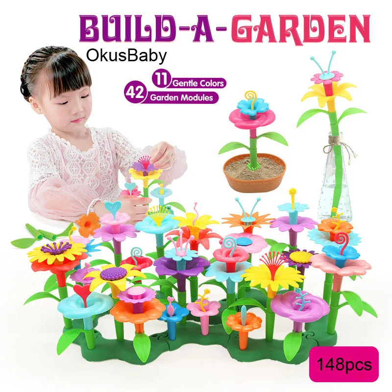 52/109/144pcs Set Girl's Build a Garden Flower Arrangement Toy Assemble Building Blocks DIY Handmade Small plants Gift Toys