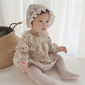 

2020 Autumn Baby Girl Bodysuit New Baby Girl's Small Floral Long Sleeve Jumpsuit Cotton Lace Collar Bodysuit With Hat