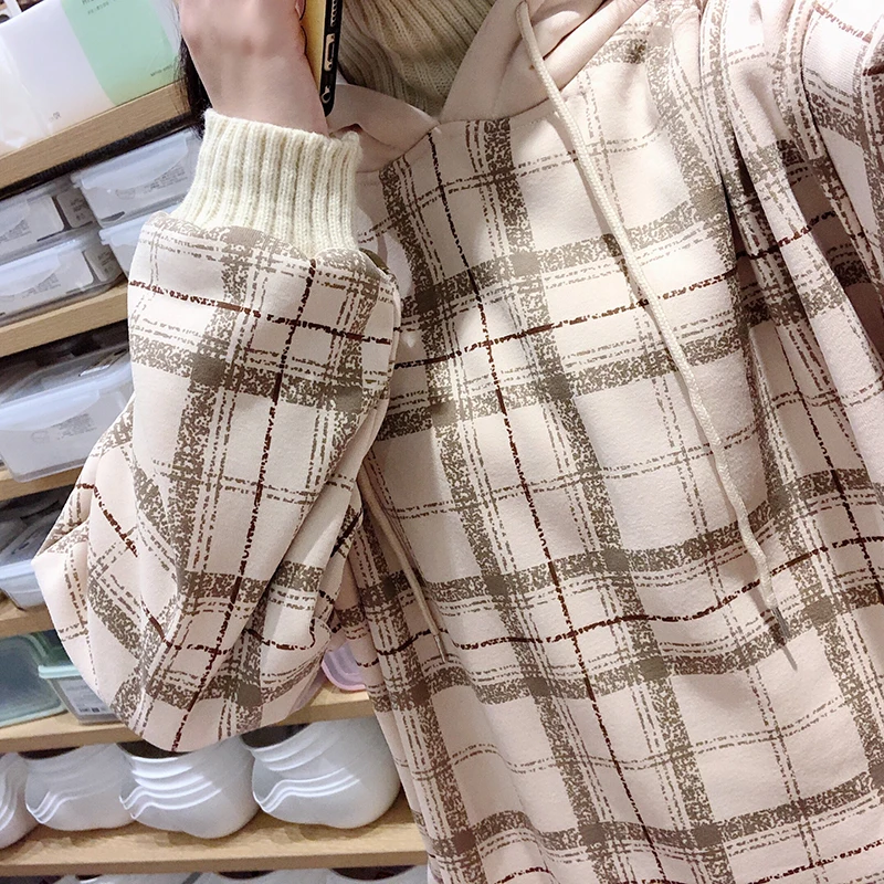 Harajuku флисовые толстовки с капюшоном больших размеров, Женские клетчатые толстовки с высоким воротом, Женские повседневные пуловеры с длинным рукавом, одежда, толстовка