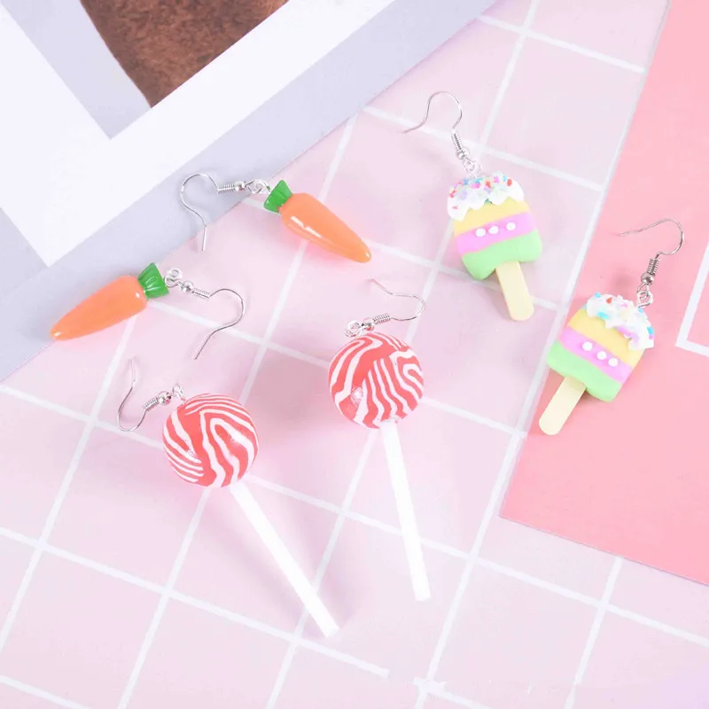 

Cute Handmade Lollipop Earrings Funny Sweet Cartoon Ice Cream Carrot Drop Earrings for Woman Girl Creative Jewelry Children Gift
