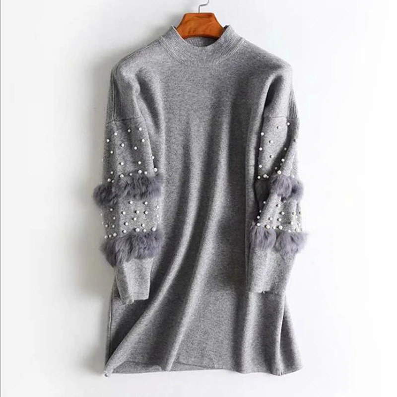 

2019 Women black white autumn winter warm sweater dress Loose casual jumper Pearl long sleeve knitted christmas sweater