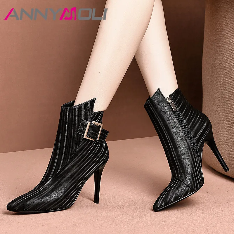

ANNYMOLI Autumn Ankle Boots Women Natural Genuine Leather Buckle Thin Heels Short Boots Zip Super High Heel Shoes Ladies Winter