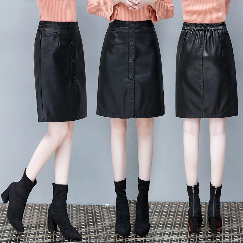 

Autumn And Winter Skirt PU Leather Solid Black in Long Buckle Skirt Women's Zhuzhou