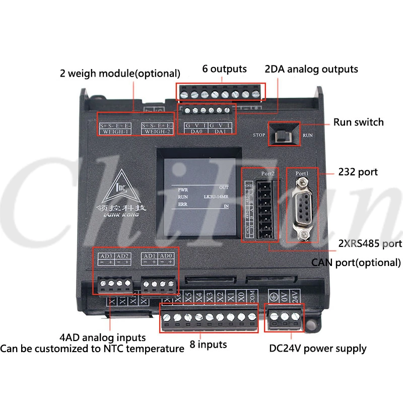 PLC industrial board FX3U14MRT 8 input 2 relay 4 Transistor output 4AD