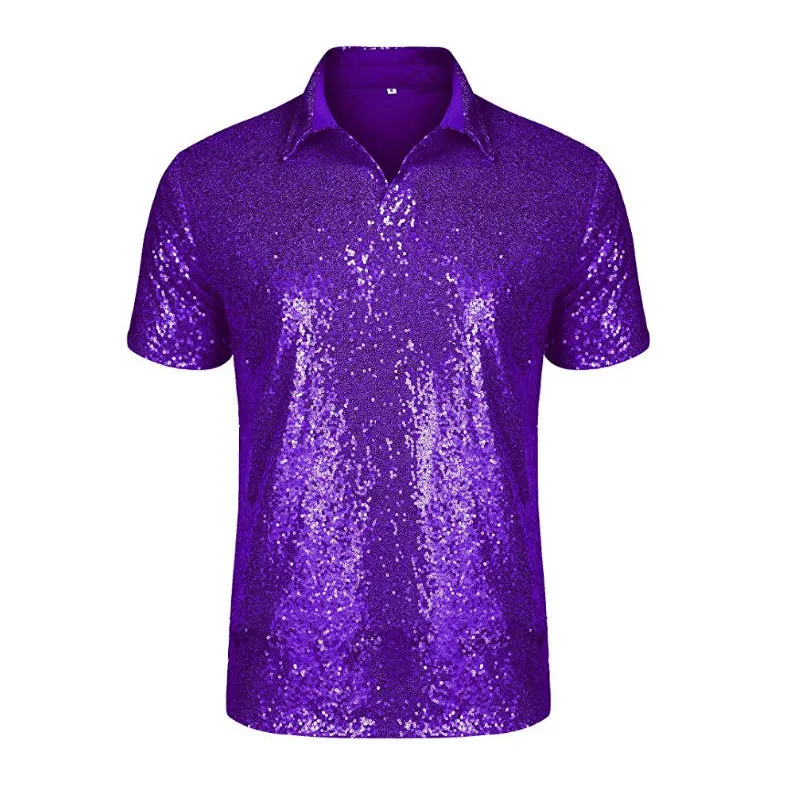 light purple Блестящая Королевская Синяя Мужская рубашка поло с блестками для дискотеки, танцев, вечеринки, мужские модные рубашки поло для ночного клуба, бара, сценический костюм, Мужская одежда, США - Цвет: light purple
