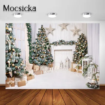 

Mocsicka Photography Backdrops White Wall Christmas Tree Fireplace Decoration Xmas Photo Background for Photo Studio Photoshoot