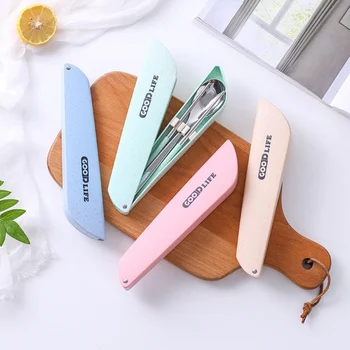 

2Pcs Portable Cutlery Stainless Steel Chopsticks Spoon Set For Outdoor PicnicTravel Tableware Set With Wheat Straw Box
