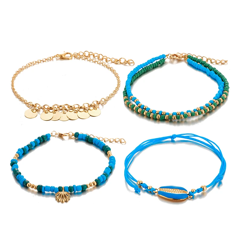 docona 4pcs Boho Shell Beaded Anklet Set for Women Multilayer Adjustable Sequin Pendant Foot Chains Beach Jewelry Tobillera 8792