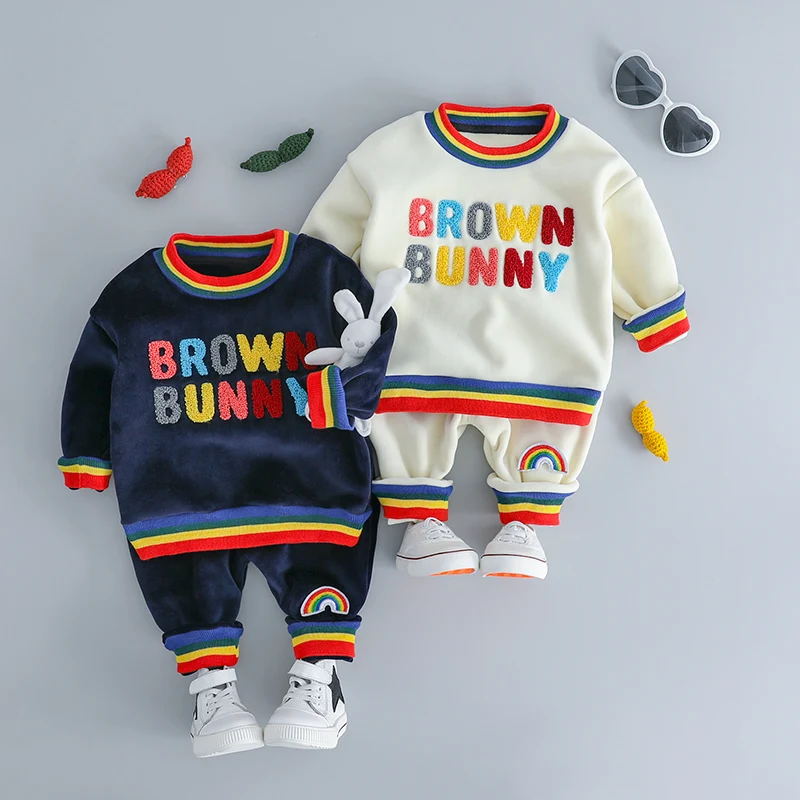 HYLKIDHUOSE Baby Girl Boy Clothing Sets Autumn Winter Plush Infant Clothes Suits Rainbow Color Children Kids Casual Coatume | Детская