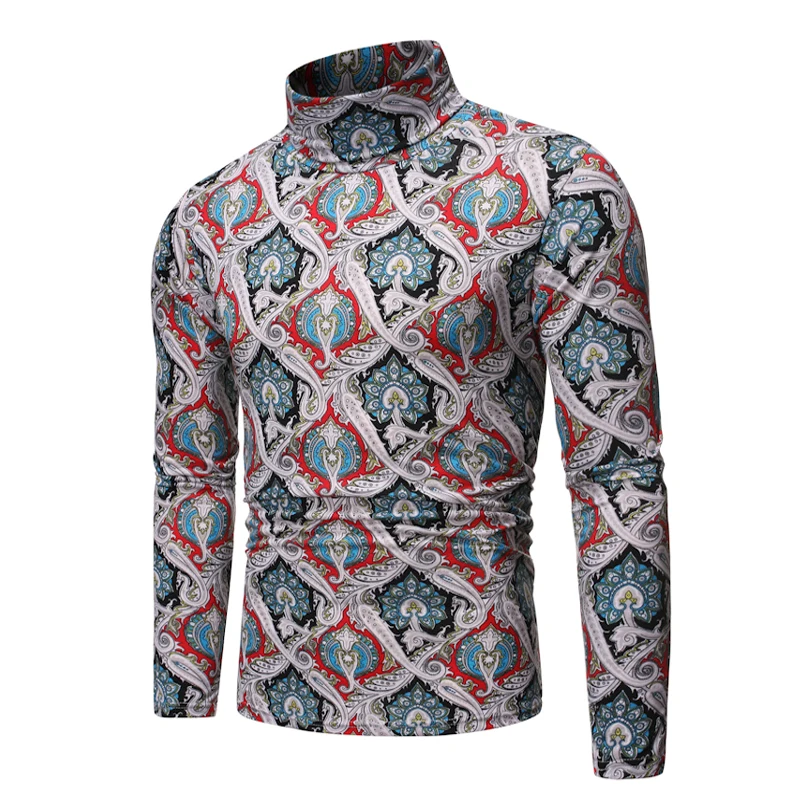 Blue Autumn Winter Sweater Pullover Men Fashion Royal Style Floral Print Turtleneck Pull Homme Slim Fit Long Sleeves Knitted Sweaters - Цвет: Blue