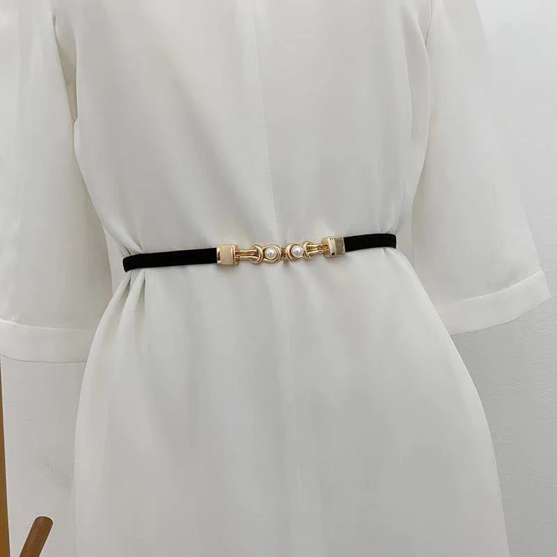 New Fashion Women Elasticity Thin Belts Imitation Pearl Buckle Strap All-Match Coat Dress Black White Beige Ladies Waistband brown belt women