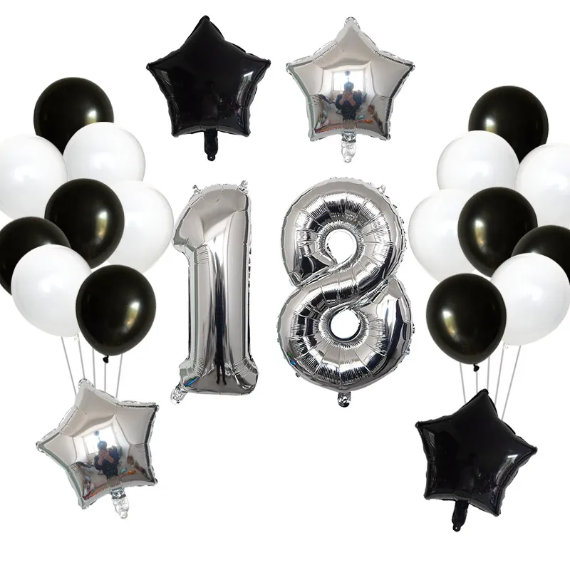 26 шт./лот, золотой, черный, тема, украшения на день рождения, принадлежности, с днем рождения, номер 18, 30, 40, 50 лет, день рождения, 10 дюймов, черный, белый, латексный шар, деко - Цвет: Silver-18