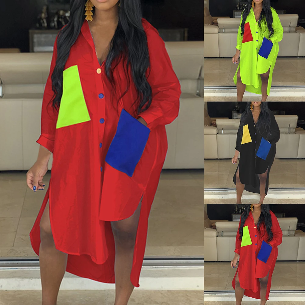 

Women Neon Casual Shirt Dress Turn Down Collar Long Sleeve Side Split Loose Summer Dress With Pockets Patchwork Spliced Dress