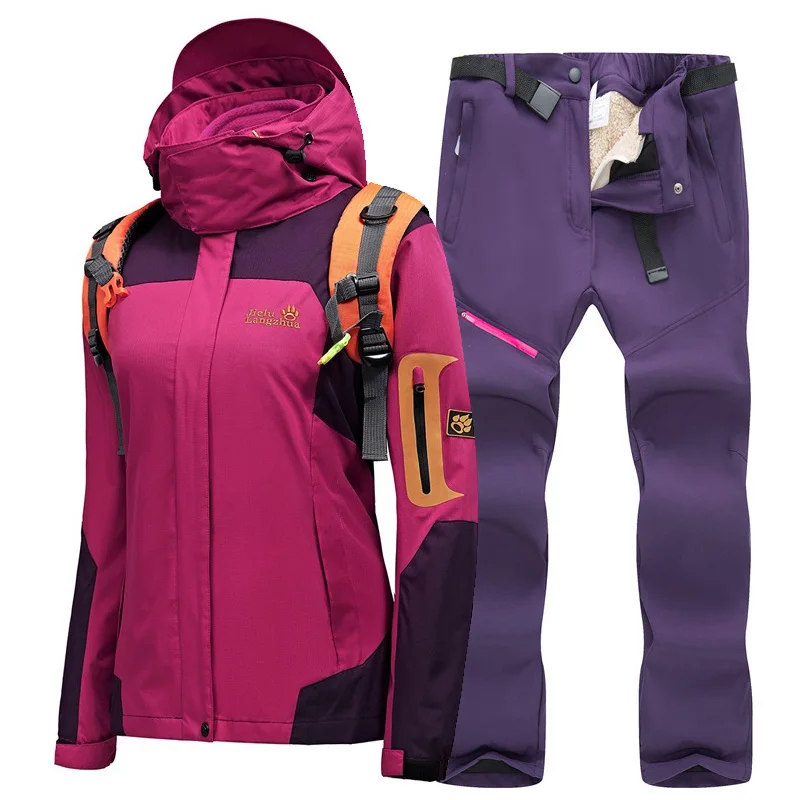 Женский лыжный костюм, высокое качество, лыжная куртка, брюки, уплотненные, теплые, водонепроницаемые, ветрозащитные, лыжные и сноубордические костюмы, женский зимний костюм - Цвет: Dark rose    Purple