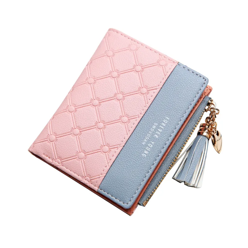 

New ladies short wallet Korean version of stitching short wallet color tassel zipper multi-card coin purse womens wallet