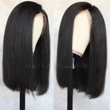 Maycaur черный короткий Боб Кружева передние парики натуральные волосы Синтетические Кружева передние парики боковое расставание яки Боб волосы