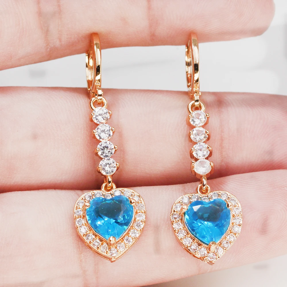 Luxury Drop Earrings for Women's Dangle earrings Gold Filled Earring with heart redZircon Trendy Jewelry for Wedding accessories - Окраска металла: OBS4753-BU