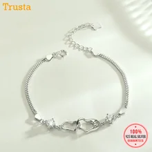 Trusta 925 серебряный браслет на день рождения CZ камень связанные сердца украшения из настоящего серебра для женщин девочек любовь подарок DS1547