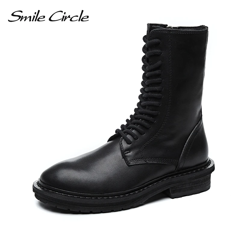 

Smile Circle short Boots Women flat Platform shoes Fashion Genuine Leather British style Low heel Lace-up Ladies Boots Autumn